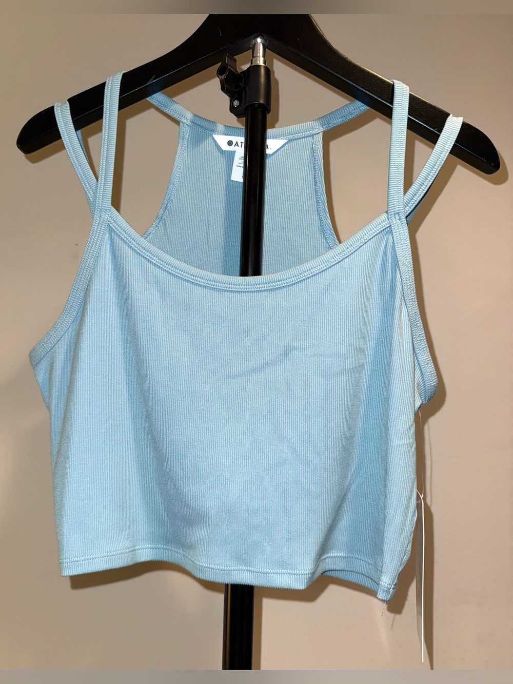 Athleta light blue ribbed crop top w/ unique double-strap detailing, size S, NWT - Picture 1 of 5